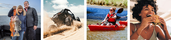 Fishing, Dunes, Kayaker and eating burger