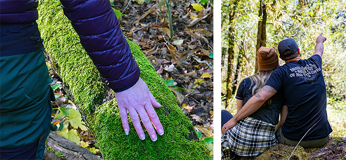 hand on mossy fallen tree and couple sitting on log in forest