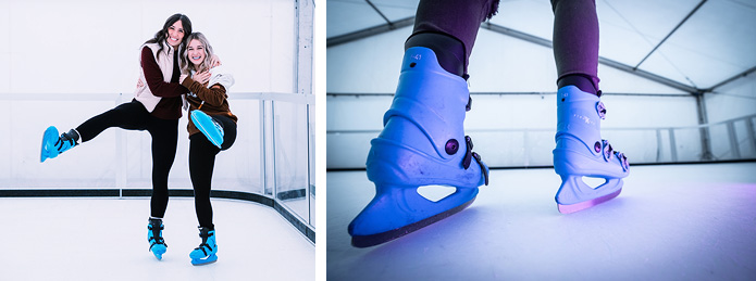 Family ice skating together and close up of blue ice skates in North Bend, Oregon