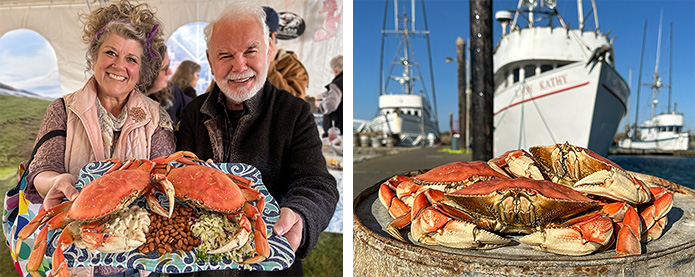 Couple with large crab feed food plate and ship with pile of crabs